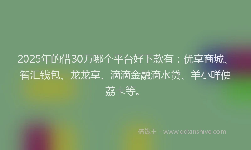 2025年的借30万哪个平台好下款有：优享商城、智汇钱包、龙龙享、滴滴金融滴水贷、羊小咩便荔卡等。