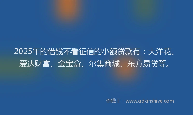 2025年的借钱不看征信的小额贷款有：大洋花、爱达财富、金宝盒、尔集商城、东方易贷等。