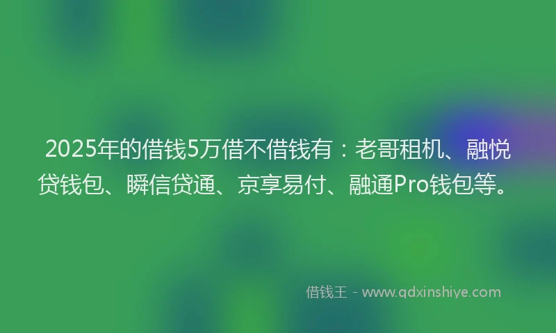 2025年的借钱5万借不借钱有：老哥租机、融悦贷钱包、瞬信贷通、京享易付、融通Pro钱包等。