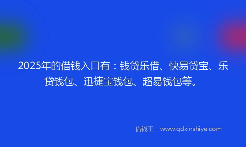 2025年的借钱入口有：钱贷乐借、快易贷宝、乐贷钱包、迅捷宝钱包、超易钱包等。
