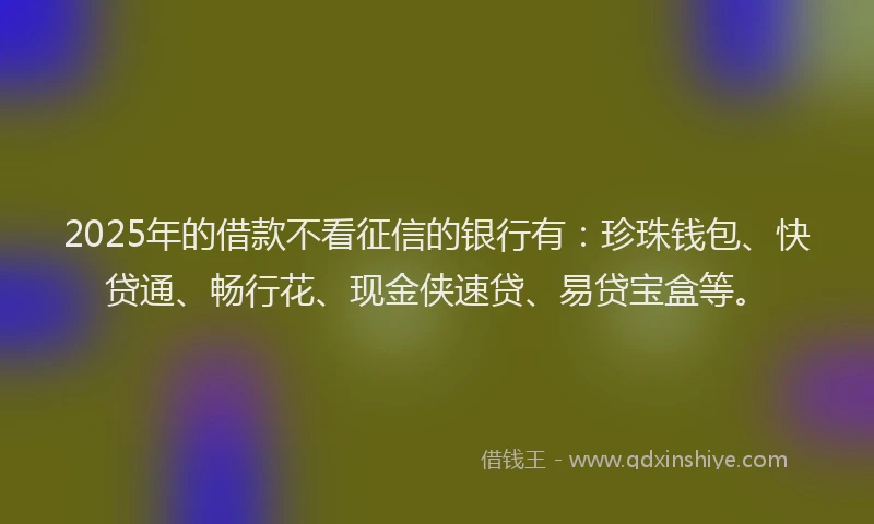2025年的借款不看征信的银行有：珍珠钱包、快贷通、畅行花、现金侠速贷、易贷宝盒等。