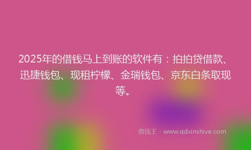2025年的借钱马上到账的软件有：拍拍贷借款、迅捷钱包、现租柠檬、金瑞钱包、京东白条取现等。
