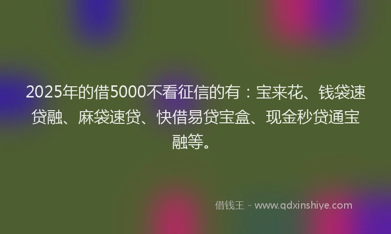 2025年的借5000不看征信的有：宝来花、钱袋速贷融、麻袋速贷、快借易贷宝盒、现金秒贷通宝融等。