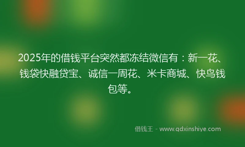 2025年的借钱平台突然都冻结微信有：新一花、钱袋快融贷宝、诚信一周花、米卡商城、快鸟钱包等。