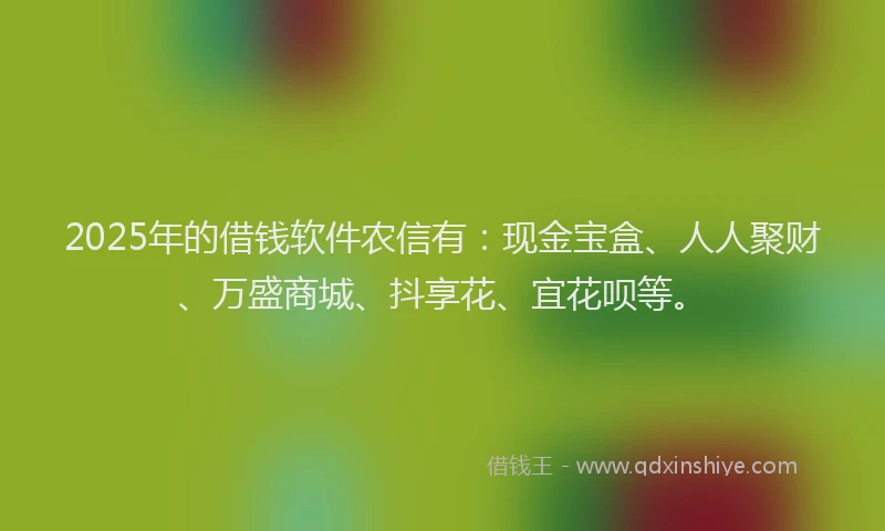 2025年的借钱软件农信有：现金宝盒、人人聚财、万盛商城、抖享花、宜花呗等。