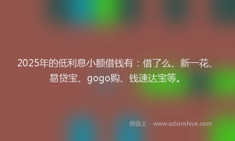 2025年的低利息小额借钱有：借了么、新一花、易贷宝、gogo购、钱速达宝等。