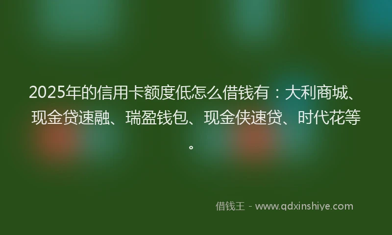 2025年的信用卡额度低怎么借钱有：大利商城、现金贷速融、瑞盈钱包、现金侠速贷、时代花等。