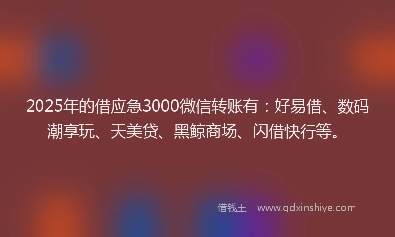 2025年的借应急3000微信转账有：好易借、数码潮享玩、天美贷、黑鲸商场、闪借快行等。