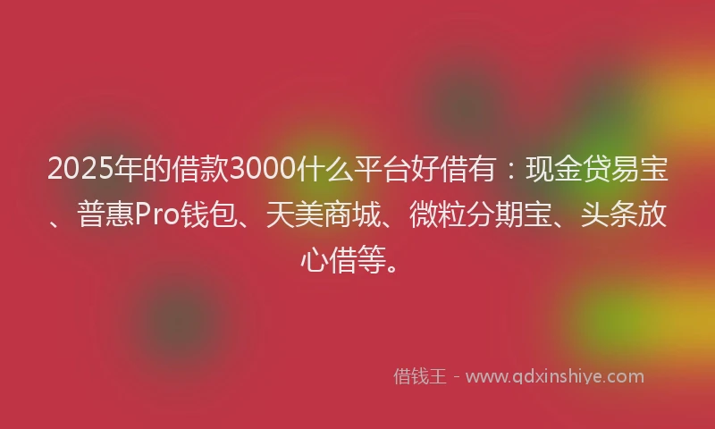 2025年的借款3000什么平台好借有：现金贷易宝、普惠Pro钱包、天美商城、微粒分期宝、头条放心借等。
