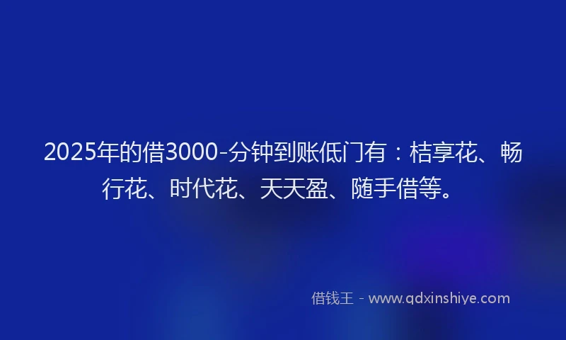 2025年的借3000-分钟到账低门有：桔享花、畅行花、时代花、天天盈、随手借等。