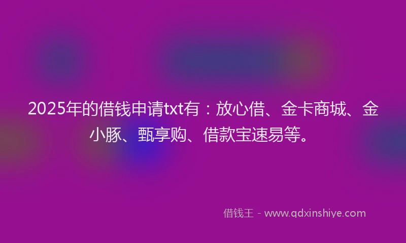 2025年的借钱申请txt有：放心借、金卡商城、金小豚、甄享购、借款宝速易等。