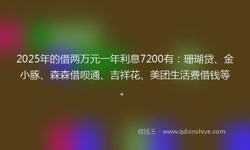 2025年的借两万元一年利息7200有：珊瑚贷、金小豚、森森借呗通、吉祥花、美团生活费借钱等。
