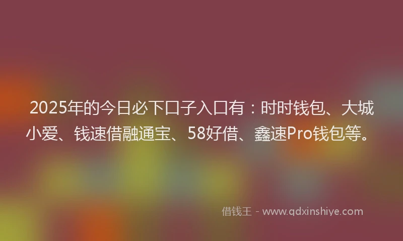 2025年的今日必下口子入口有：时时钱包、大城小爱、钱速借融通宝、58好借、鑫速Pro钱包等。