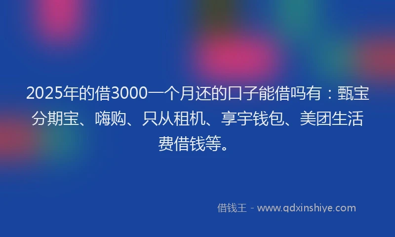 2025年的借3000一个月还的口子能借吗有：甄宝分期宝、嗨购、只从租机、享宇钱包、美团生活费借钱等。