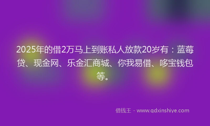 2025年的借2万马上到账私人放款20岁有：蓝莓贷、现金网、乐金汇商城、你我易借、哆宝钱包等。