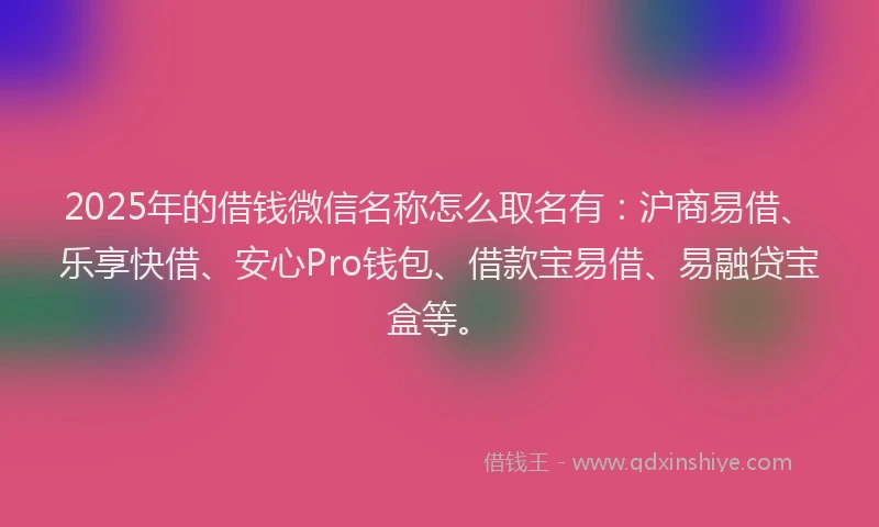 2025年的借钱微信名称怎么取名有：沪商易借、乐享快借、安心Pro钱包、借款宝易借、易融贷宝盒等。