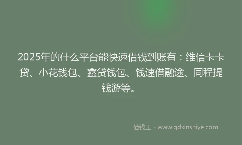 2025年的什么平台能快速借钱到账有：维信卡卡贷、小花钱包、鑫贷钱包、钱速借融途、同程提钱游等。