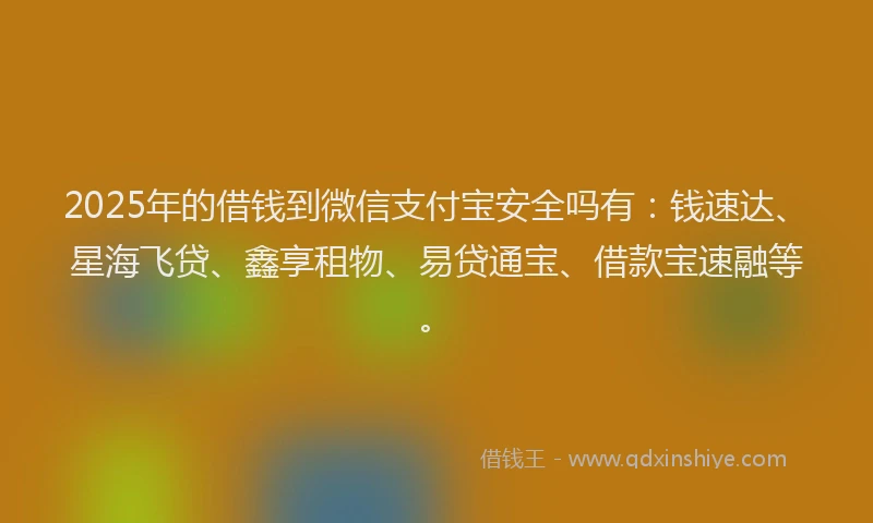2025年的借钱到微信支付宝安全吗有：钱速达、星海飞贷、鑫享租物、易贷通宝、借款宝速融等。