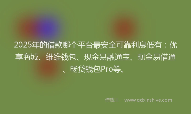 2025年的借款哪个平台最安全可靠利息低有：优享商城、维维钱包、现金易融通宝、现金易借通、畅贷钱包Pro等。