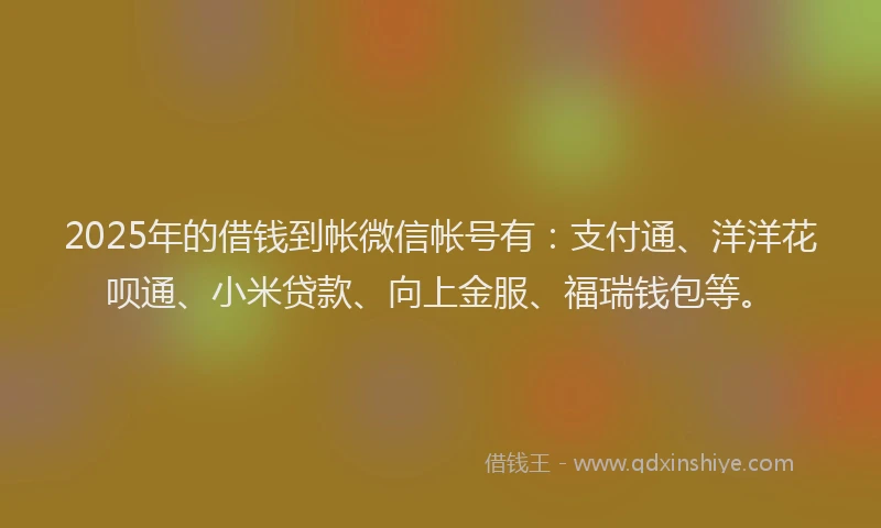 2025年的借钱到帐微信帐号有：支付通、洋洋花呗通、小米贷款、向上金服、福瑞钱包等。