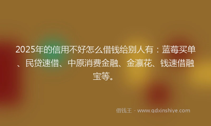 2025年的信用不好怎么借钱给别人有：蓝莓买单、民贷速借、中原消费金融、金瀛花、钱速借融宝等。