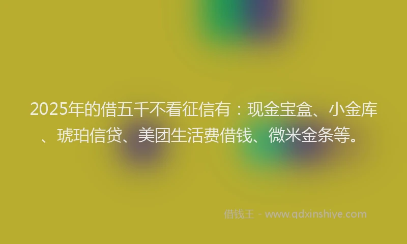 2025年的借五千不看征信有：现金宝盒、小金库、琥珀信贷、美团生活费借钱、微米金条等。