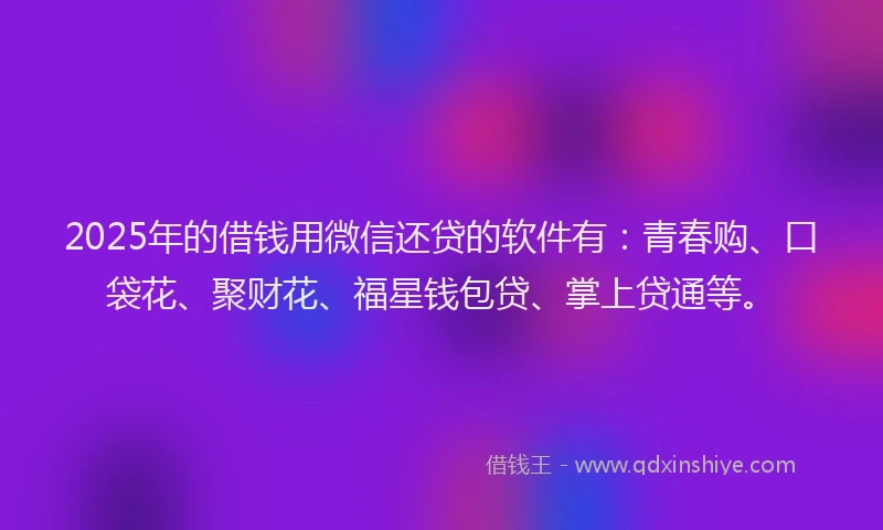 2025年的借钱用微信还贷的软件有：青春购、口袋花、聚财花、福星钱包贷、掌上贷通等。