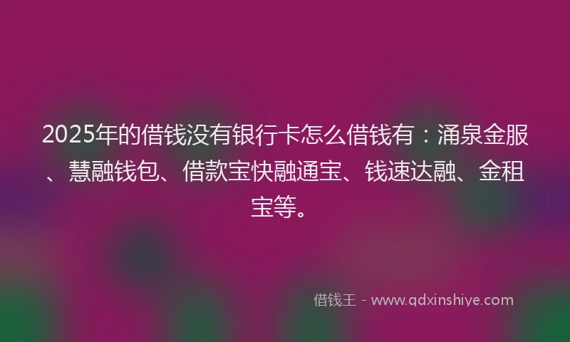 2025年的借钱没有银行卡怎么借钱有：涌泉金服、慧融钱包、借款宝快融通宝、钱速达融、金租宝等。