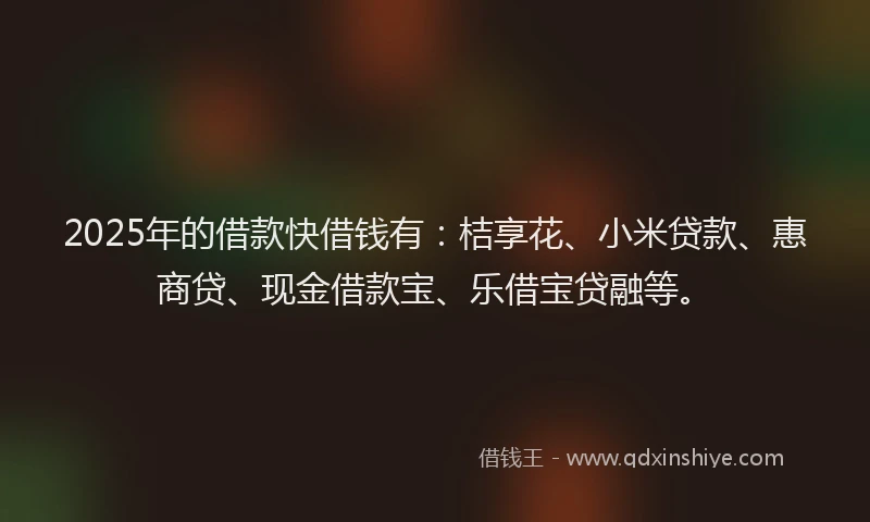 2025年的借款快借钱有：桔享花、小米贷款、惠商贷、现金借款宝、乐借宝贷融等。
