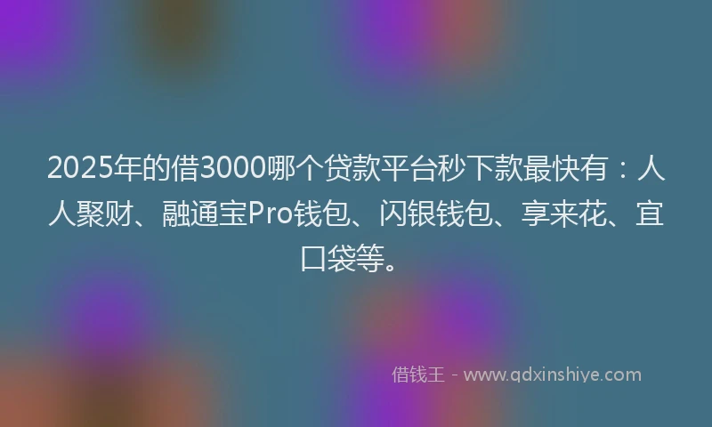 2025年的借3000哪个贷款平台秒下款最快有：人人聚财、融通宝Pro钱包、闪银钱包、享来花、宜口袋等。