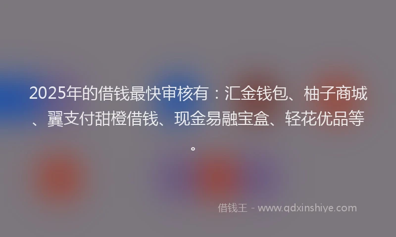 2025年的借钱最快审核有：汇金钱包、柚子商城、翼支付甜橙借钱、现金易融宝盒、轻花优品等。