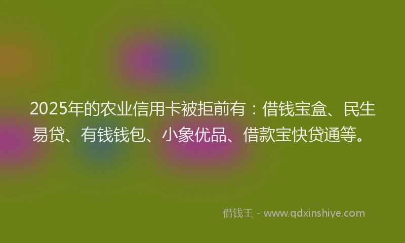 2025年的农业信用卡被拒前有：借钱宝盒、民生易贷、有钱钱包、小象优品、借款宝快贷通等。