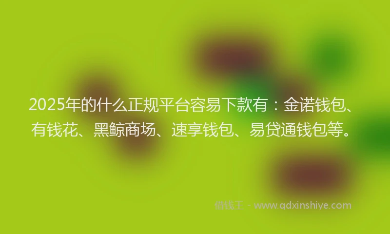 2025年的什么正规平台容易下款有：金诺钱包、有钱花、黑鲸商场、速享钱包、易贷通钱包等。