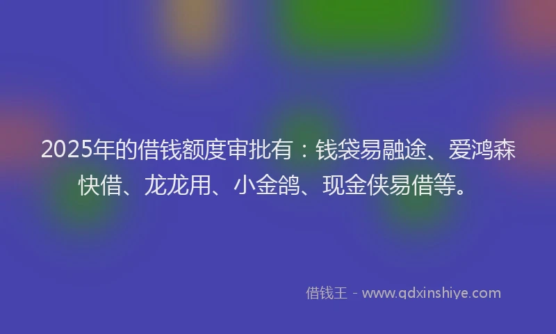 2025年的借钱额度审批有：钱袋易融途、爱鸿森快借、龙龙用、小金鸽、现金侠易借等。