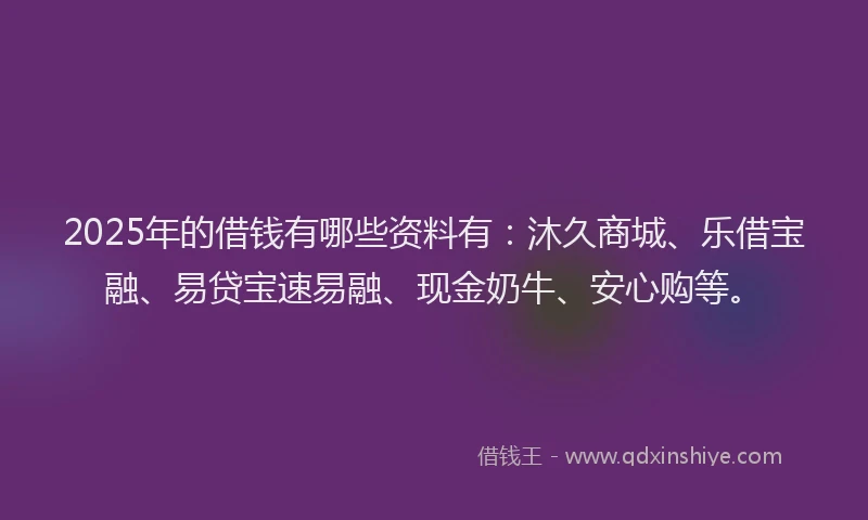 2025年的借钱有哪些资料有：沐久商城、乐借宝融、易贷宝速易融、现金奶牛、安心购等。