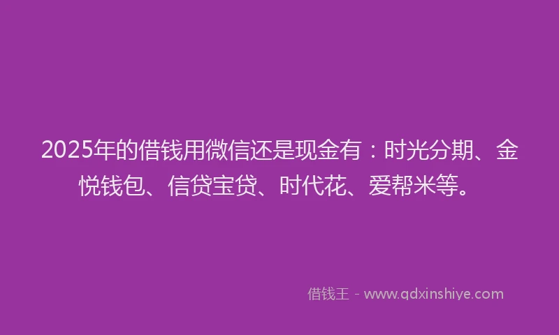 2025年的借钱用微信还是现金有：时光分期、金悦钱包、信贷宝贷、时代花、爱帮米等。