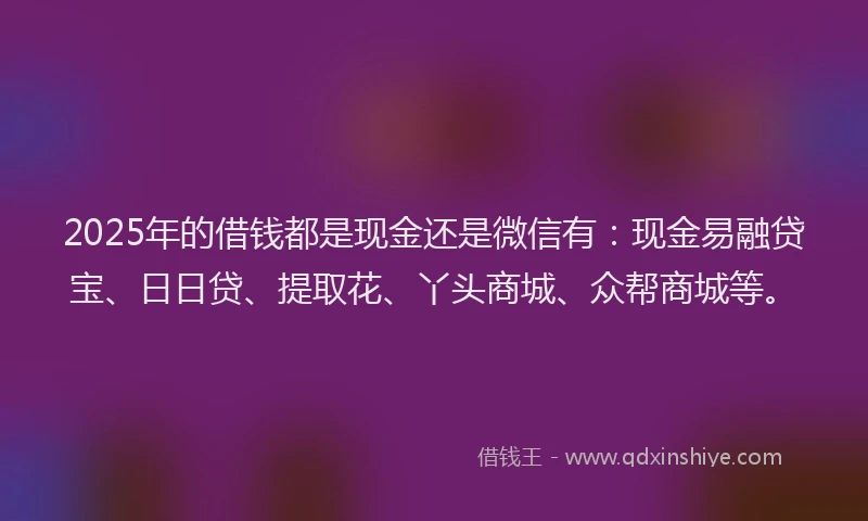 2025年的借钱都是现金还是微信有：现金易融贷宝、日日贷、提取花、丫头商城、众帮商城等。