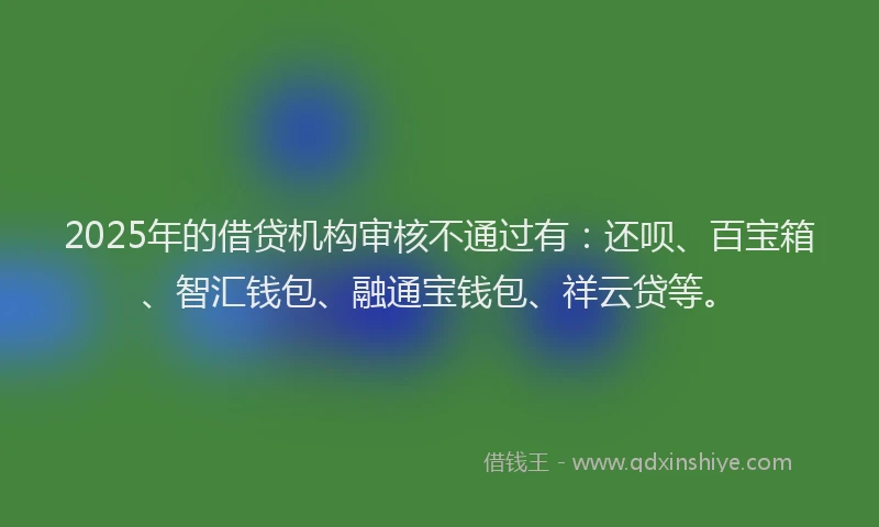 2025年的借贷机构审核不通过有：还呗、百宝箱、智汇钱包、融通宝钱包、祥云贷等。