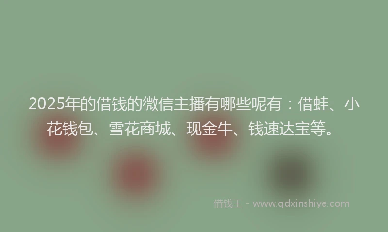 2025年的借钱的微信主播有哪些呢有：借蛙、小花钱包、雪花商城、现金牛、钱速达宝等。