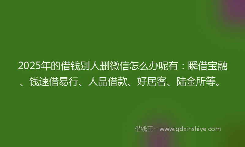 2025年的借钱别人删微信怎么办呢有：瞬借宝融、钱速借易行、人品借款、好居客、陆金所等。
