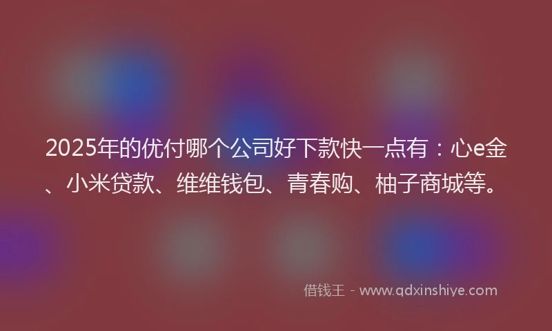 2025年的优付哪个公司好下款快一点有：心e金、小米贷款、维维钱包、青春购、柚子商城等。