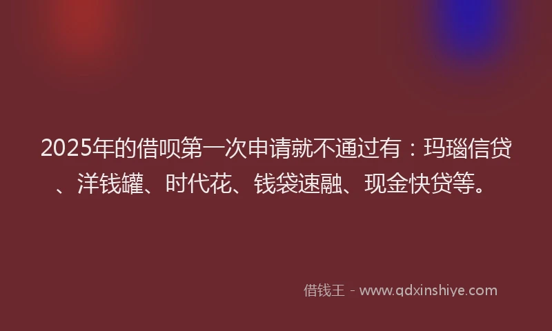 2025年的借呗第一次申请就不通过有：玛瑙信贷、洋钱罐、时代花、钱袋速融、现金快贷等。