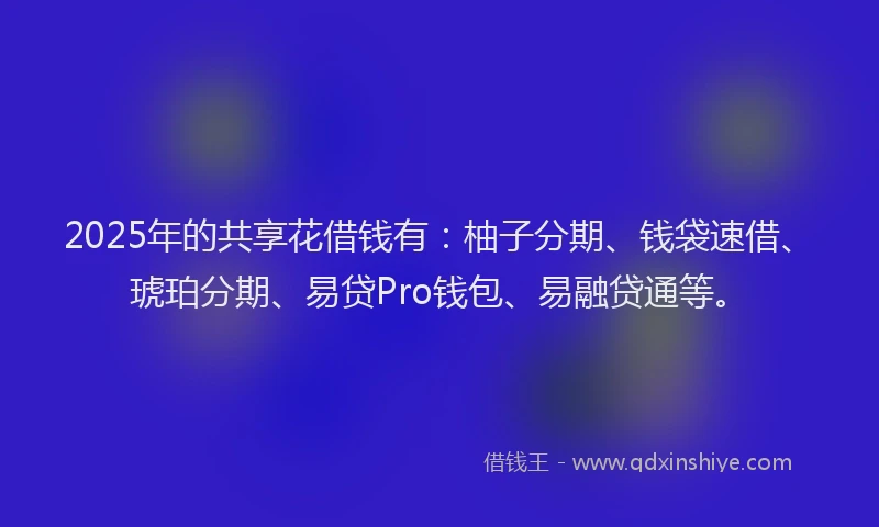 2025年的共享花借钱有：柚子分期、钱袋速借、琥珀分期、易贷Pro钱包、易融贷通等。