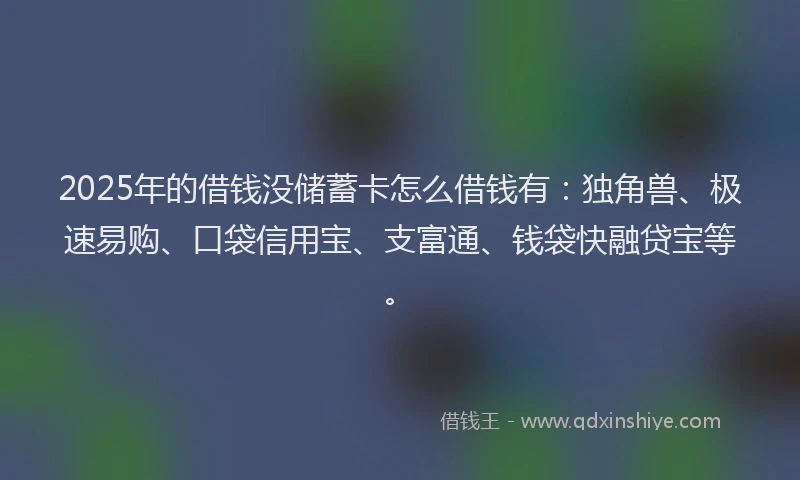 2025年的借钱没储蓄卡怎么借钱有：独角兽、极速易购、口袋信用宝、支富通、钱袋快融贷宝等。