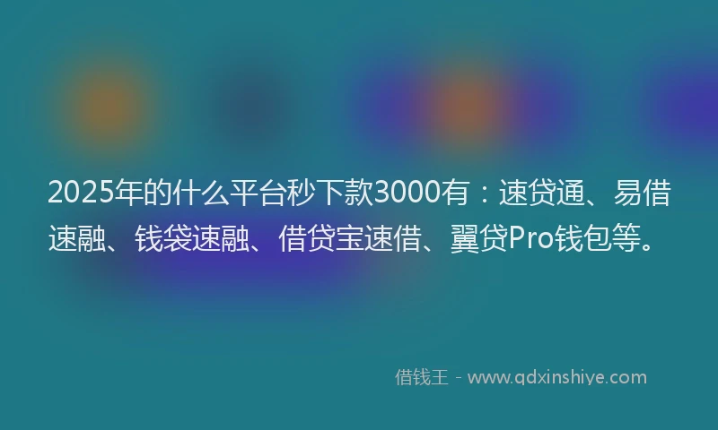 2025年的什么平台秒下款3000有：速贷通、易借速融、钱袋速融、借贷宝速借、翼贷Pro钱包等。
