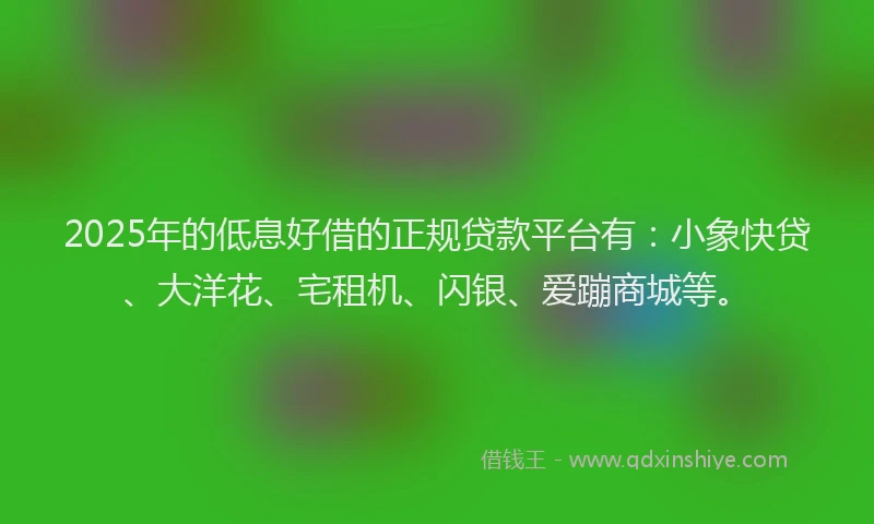 2025年的低息好借的正规贷款平台有：小象快贷、大洋花、宅租机、闪银、爱蹦商城等。