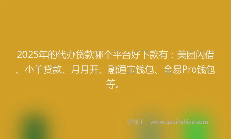 2025年的代办贷款哪个平台好下款有：美团闪借、小羊贷款、月月开、融通宝钱包、金易Pro钱包等。