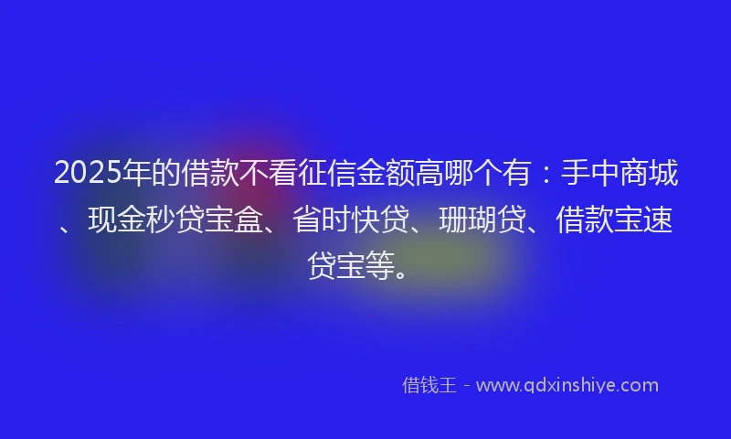 2025年的借款不看征信金额高哪个有：手中商城、现金秒贷宝盒、省时快贷、珊瑚贷、借款宝速贷宝等。