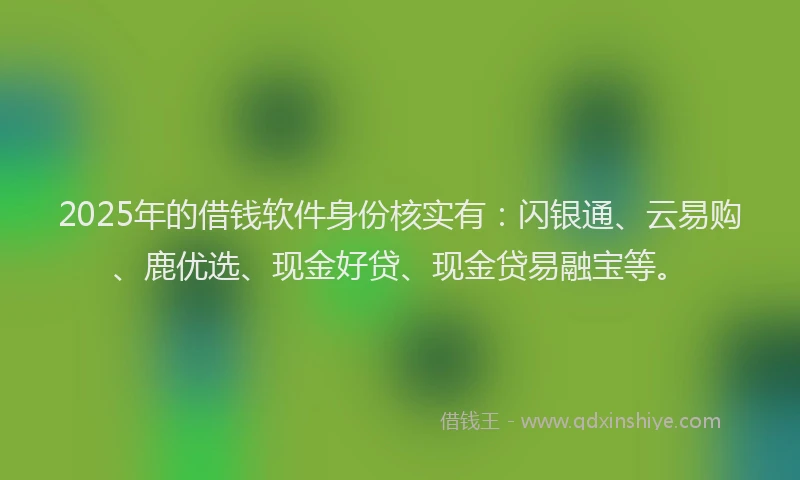 2025年的借钱软件身份核实有：闪银通、云易购、鹿优选、现金好贷、现金贷易融宝等。