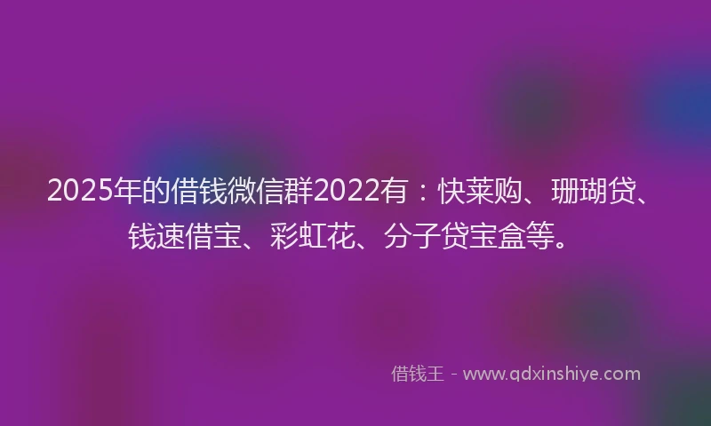 2025年的借钱微信群2022有：快莱购、珊瑚贷、钱速借宝、彩虹花、分子贷宝盒等。